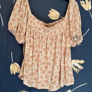 Lucky Brand Top Womens Brown Floral Sz Sm Smocked Puff Sleeve Square Neck